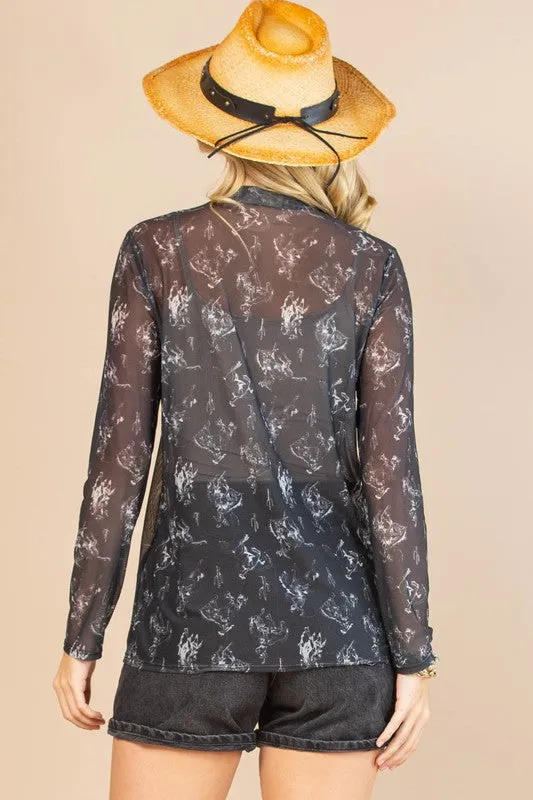 Women's Cowboy Print Mock Neck Mesh Top