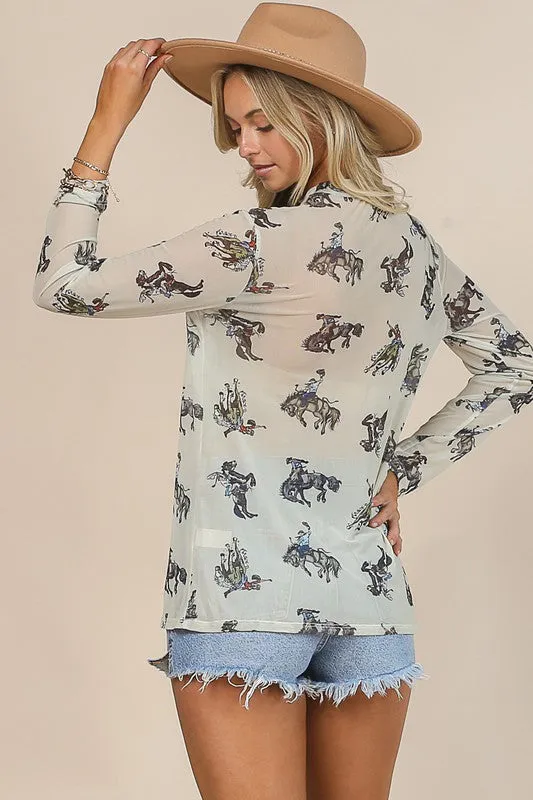 Women's Cowboy Print Mock Neck Mesh Top