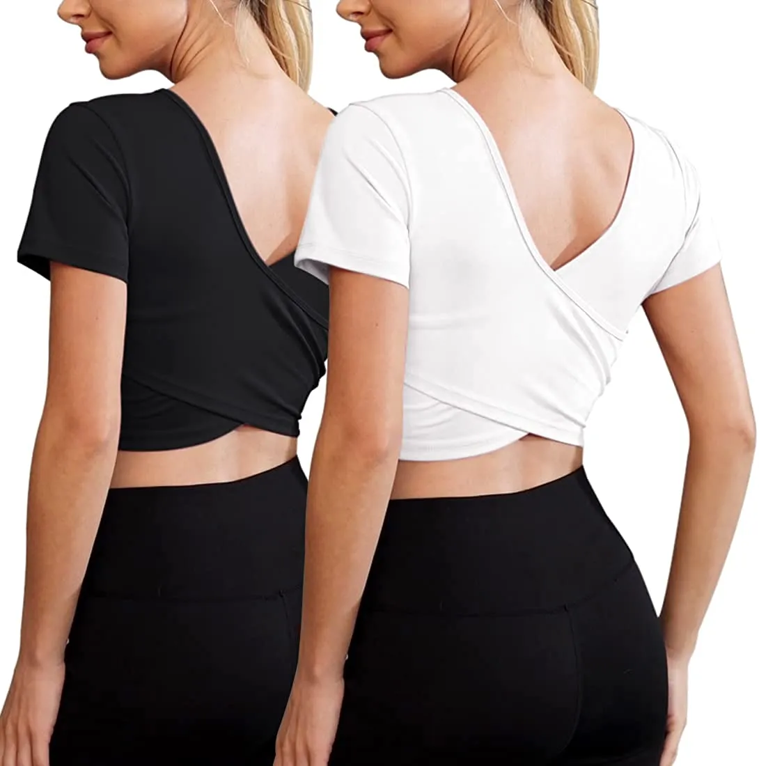 Women's Crop Tops Workout Long Sleeve Shirts 2 Pack Gym Dry Fit Athletic Yoga Cross Back Sport Compression Tops