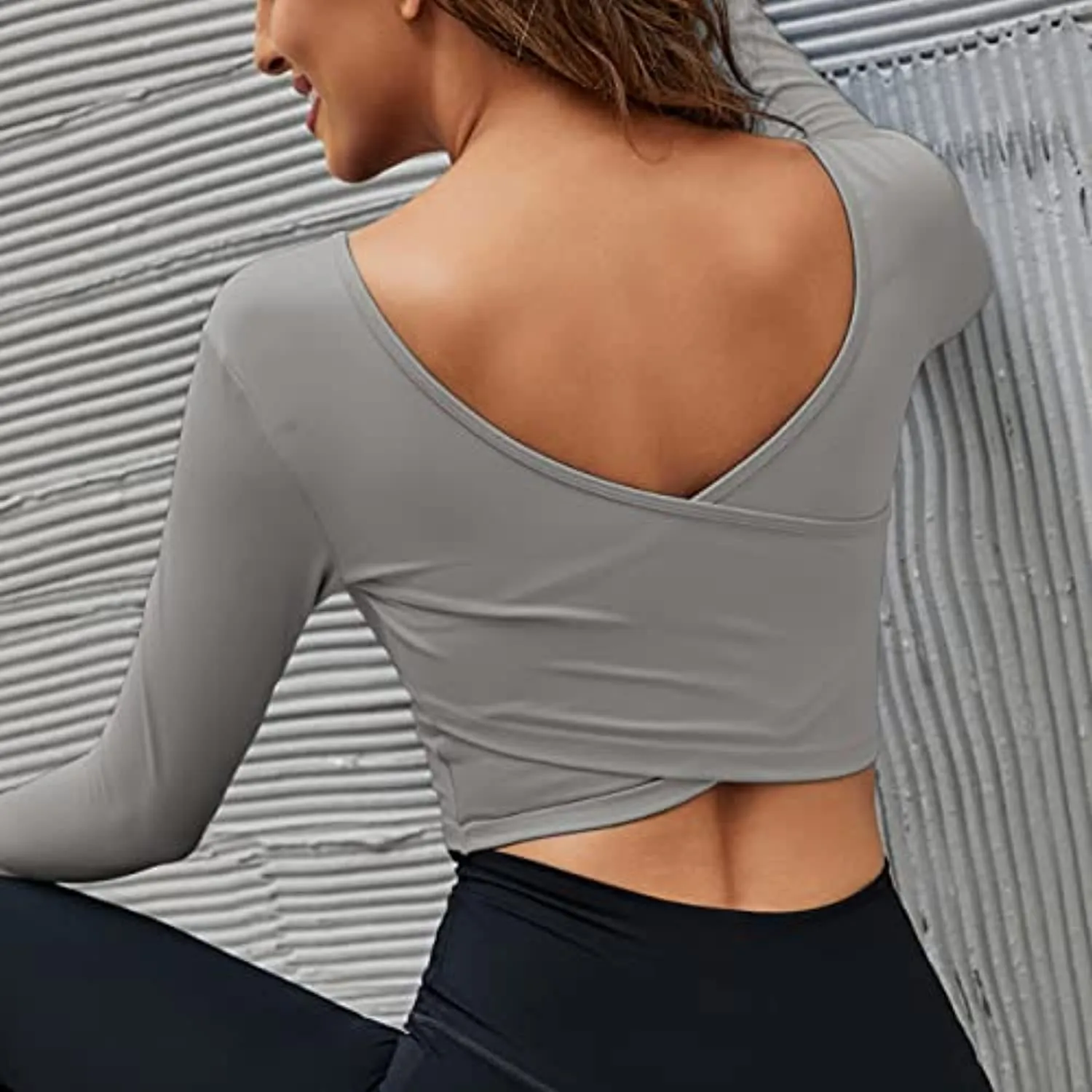 Women's Crop Tops Workout Long Sleeve Shirts 2 Pack Gym Dry Fit Athletic Yoga Cross Back Sport Compression Tops