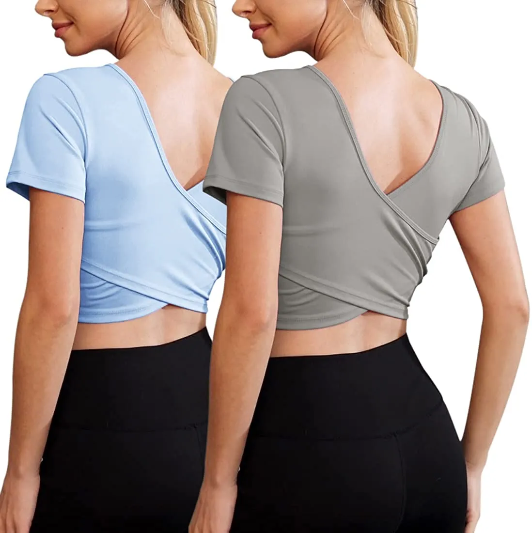 Women's Crop Tops Workout Long Sleeve Shirts 2 Pack Gym Dry Fit Athletic Yoga Cross Back Sport Compression Tops