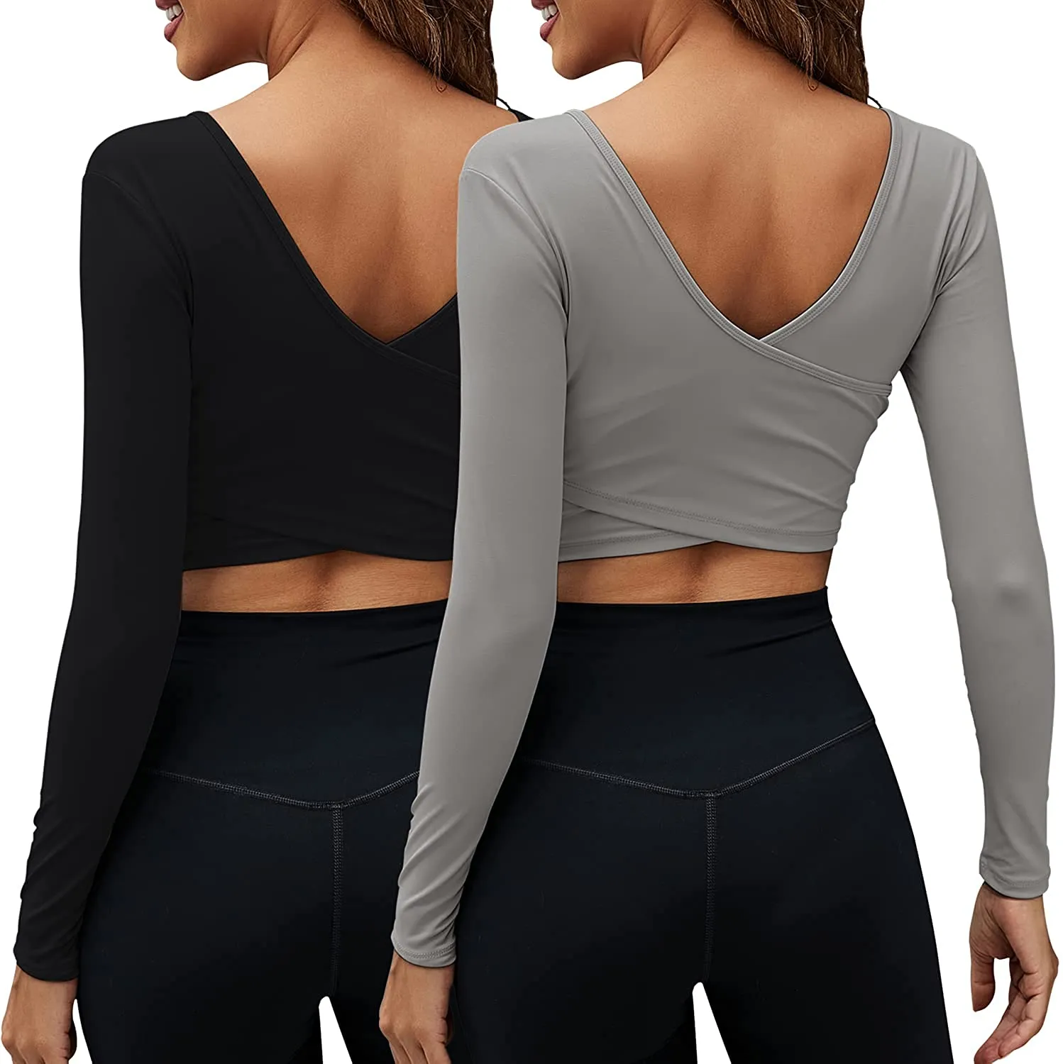 Women's Crop Tops Workout Long Sleeve Shirts 2 Pack Gym Dry Fit Athletic Yoga Cross Back Sport Compression Tops
