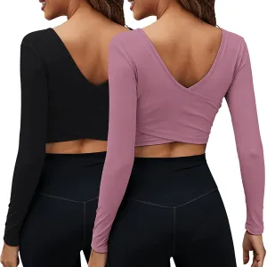 Women's Crop Tops Workout Long Sleeve Shirts 2 Pack Gym Dry Fit Athletic Yoga Cross Back Sport Compression Tops
