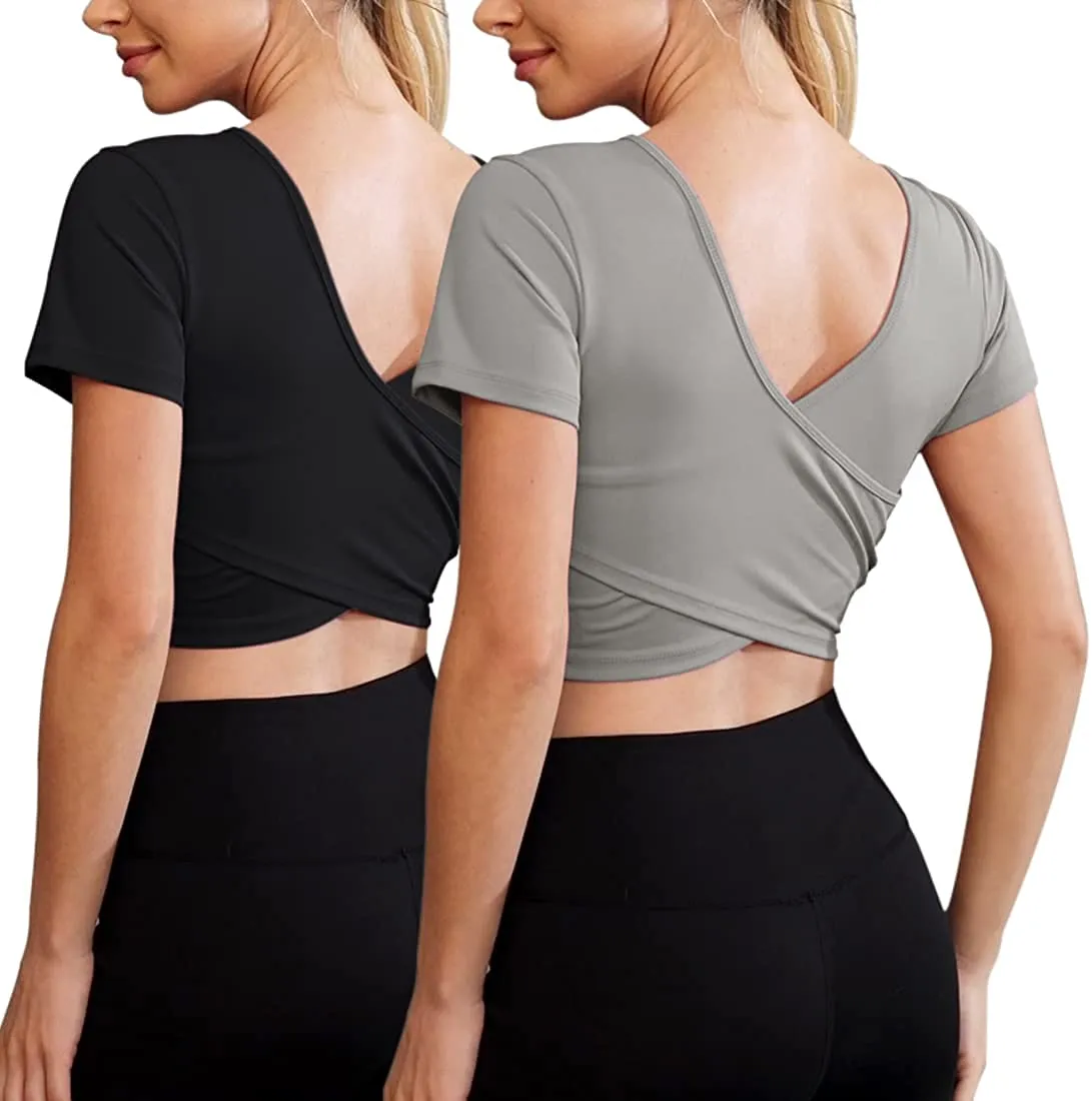 Women's Crop Tops Workout Long Sleeve Shirts 2 Pack Gym Dry Fit Athletic Yoga Cross Back Sport Compression Tops