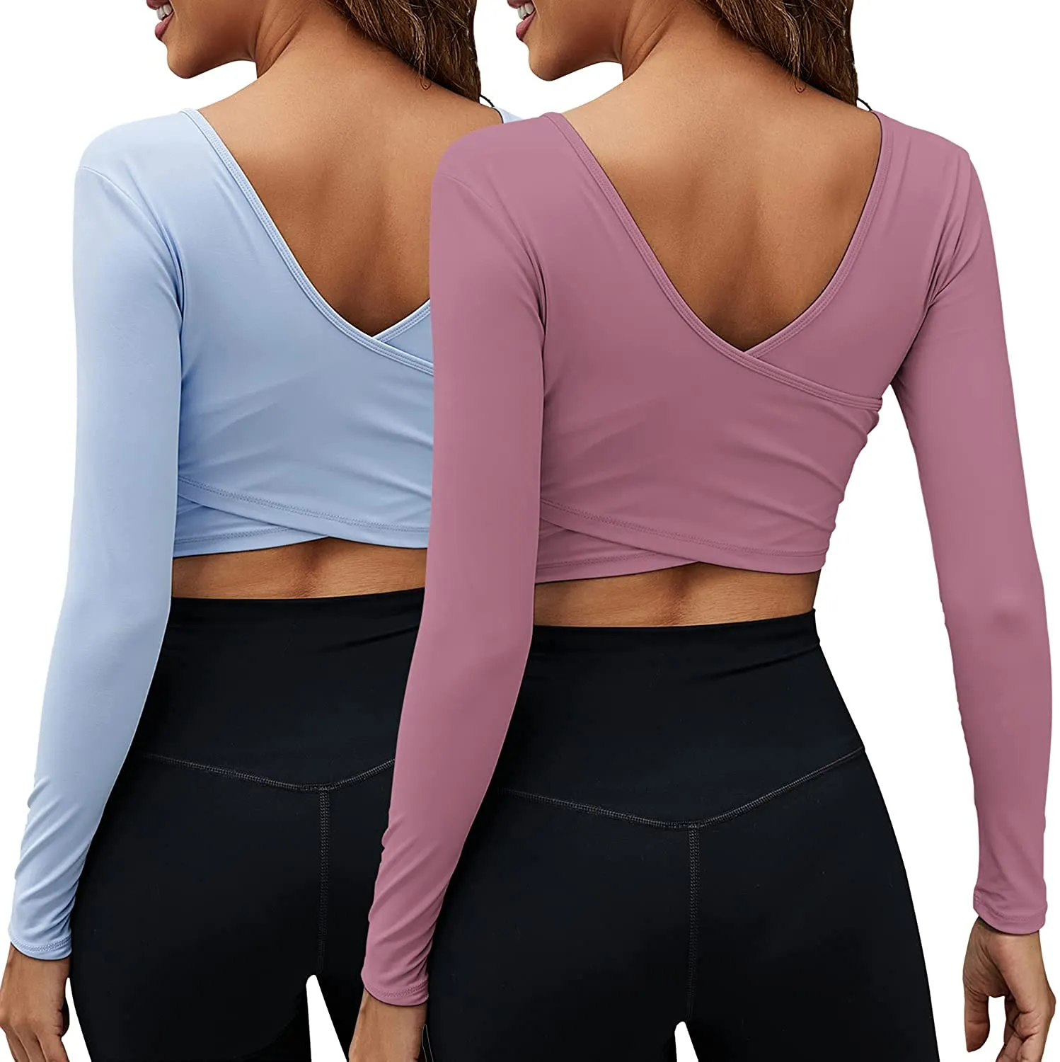 Women's Crop Tops Workout Long Sleeve Shirts 2 Pack Gym Dry Fit Athletic Yoga Cross Back Sport Compression Tops