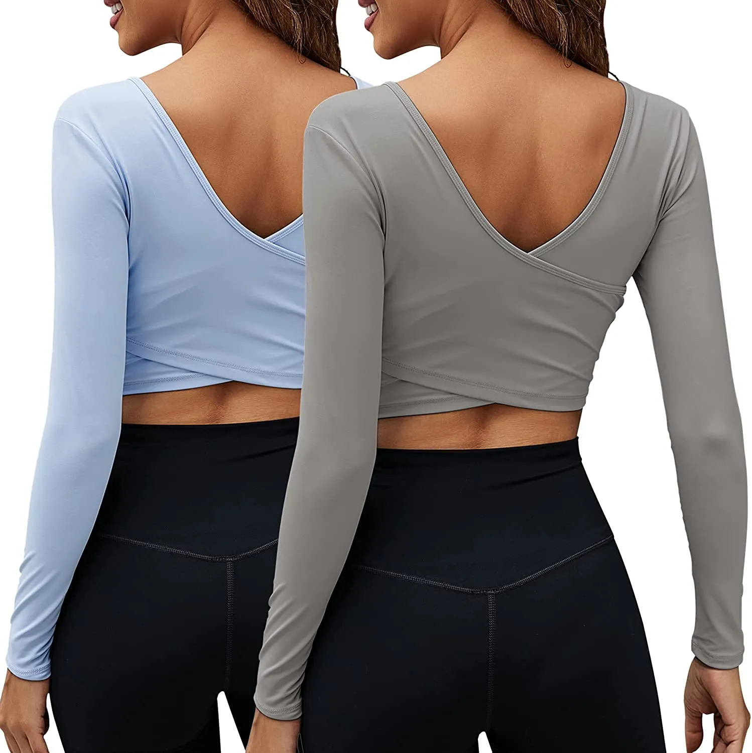 Women's Crop Tops Workout Long Sleeve Shirts 2 Pack Gym Dry Fit Athletic Yoga Cross Back Sport Compression Tops
