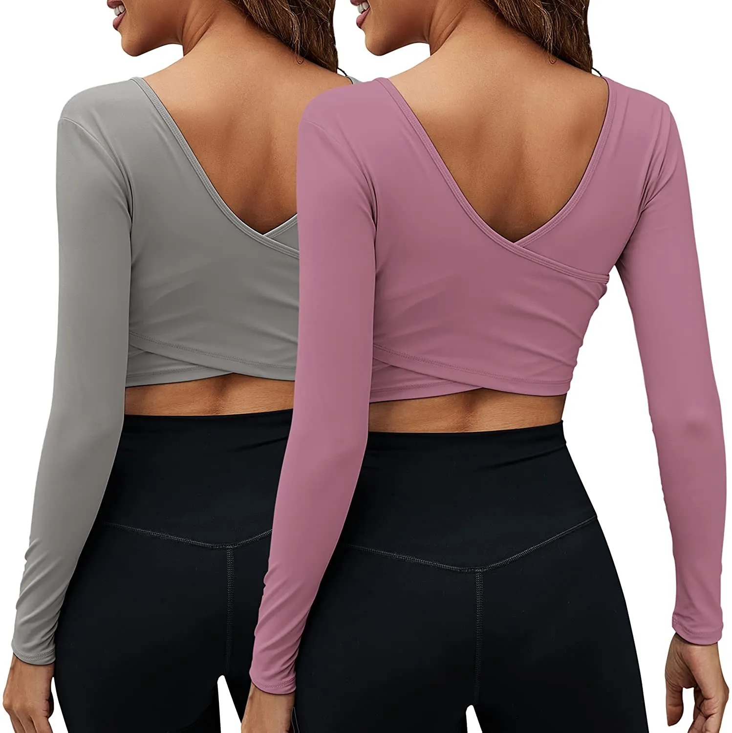Women's Crop Tops Workout Long Sleeve Shirts 2 Pack Gym Dry Fit Athletic Yoga Cross Back Sport Compression Tops