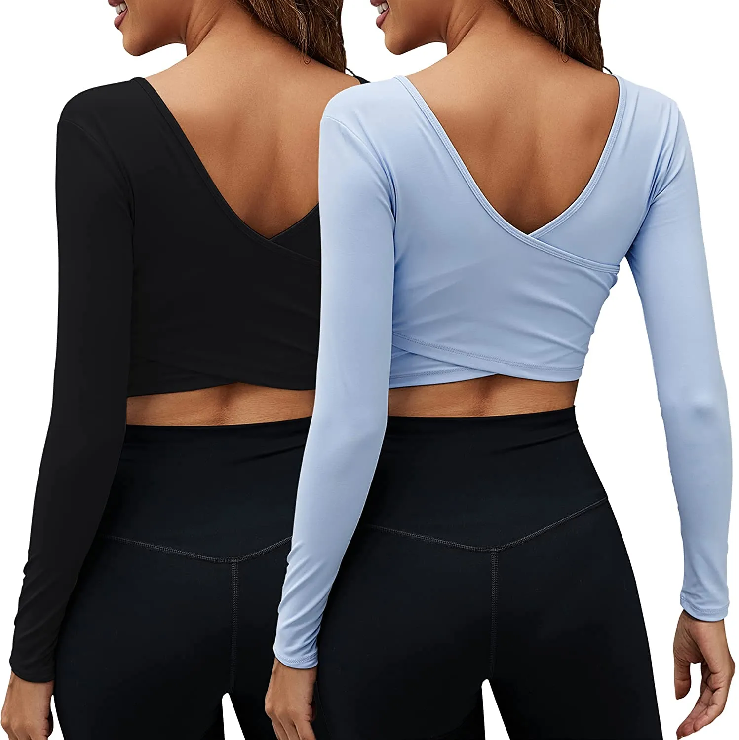 Women's Crop Tops Workout Long Sleeve Shirts 2 Pack Gym Dry Fit Athletic Yoga Cross Back Sport Compression Tops