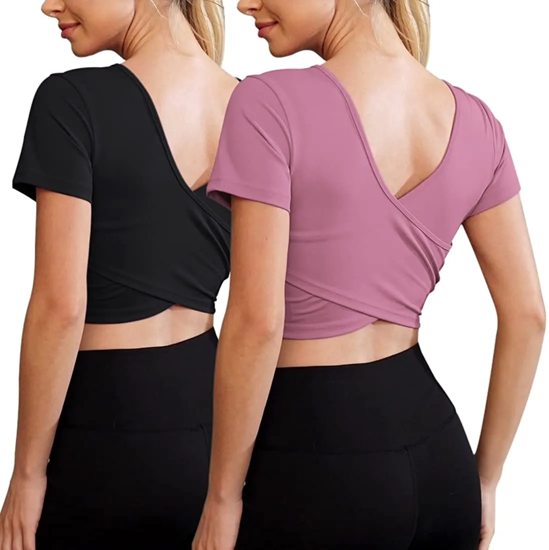 Women's Crop Tops Workout Long Sleeve Shirts 2 Pack Gym Dry Fit Athletic Yoga Cross Back Sport Compression Tops