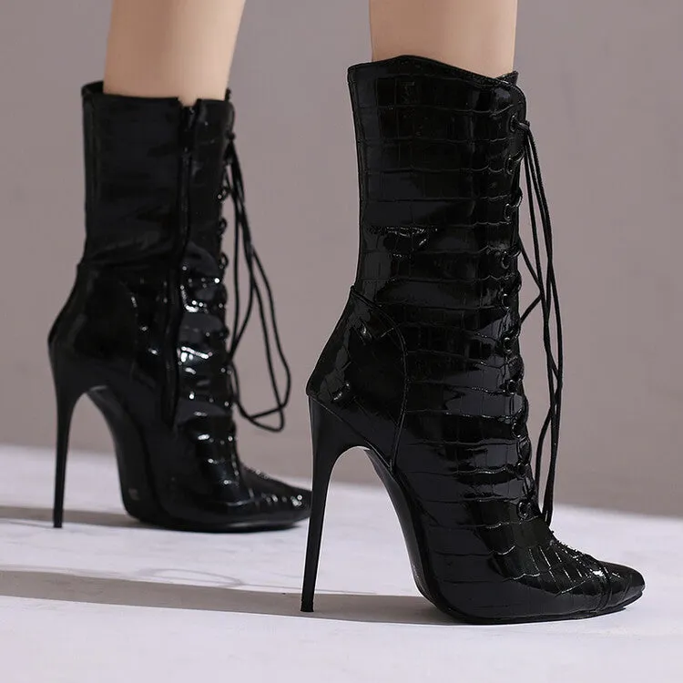 Women's Glossy Lace-Up Pointed Toe Thin Heel Short Boots