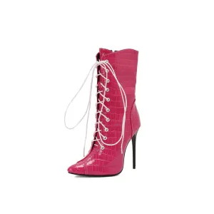 Women's Glossy Lace-Up Pointed Toe Thin Heel Short Boots