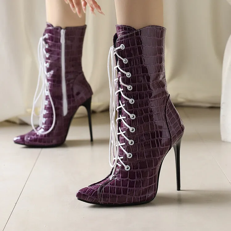 Women's Glossy Lace-Up Pointed Toe Thin Heel Short Boots