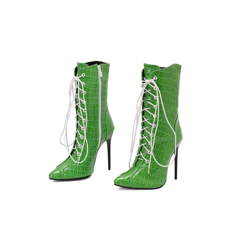 Women's Glossy Lace-Up Pointed Toe Thin Heel Short Boots