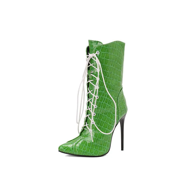 Women's Glossy Lace-Up Pointed Toe Thin Heel Short Boots