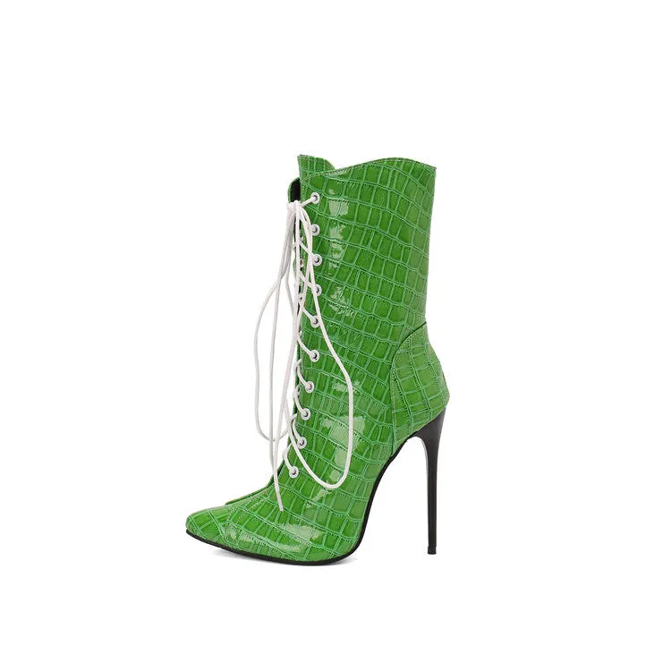 Women's Glossy Lace-Up Pointed Toe Thin Heel Short Boots
