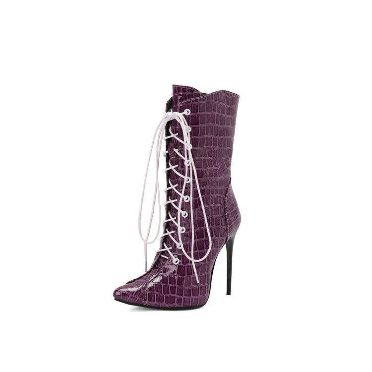 Women's Glossy Lace-Up Pointed Toe Thin Heel Short Boots