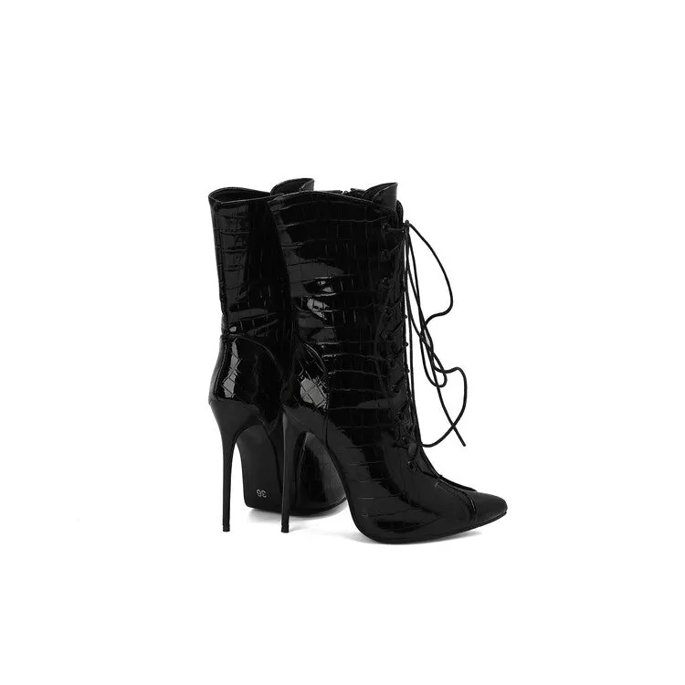 Women's Glossy Lace-Up Pointed Toe Thin Heel Short Boots