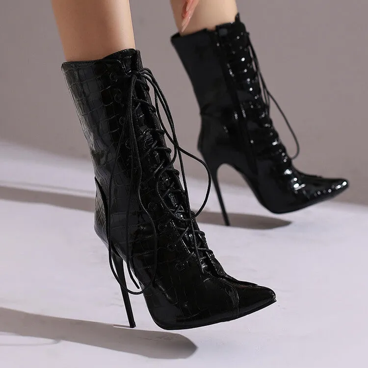 Women's Glossy Lace-Up Pointed Toe Thin Heel Short Boots