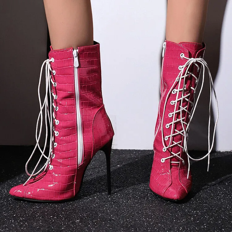 Women's Glossy Lace-Up Pointed Toe Thin Heel Short Boots