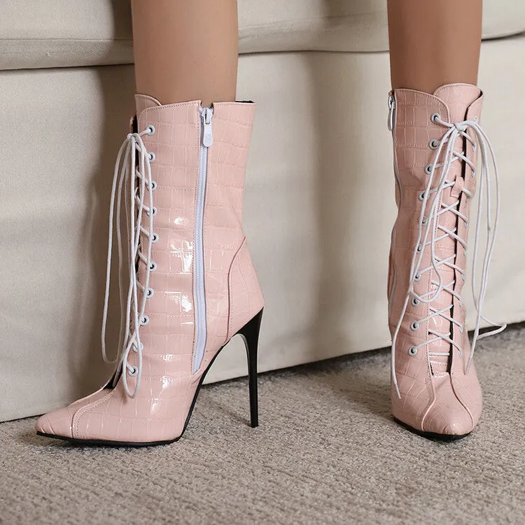 Women's Glossy Lace-Up Pointed Toe Thin Heel Short Boots