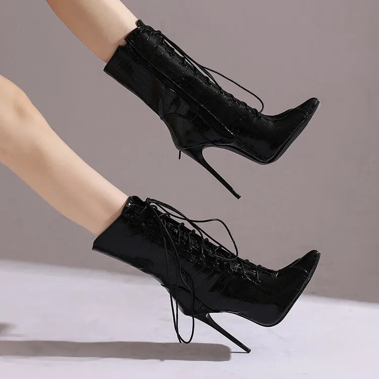 Women's Glossy Lace-Up Pointed Toe Thin Heel Short Boots