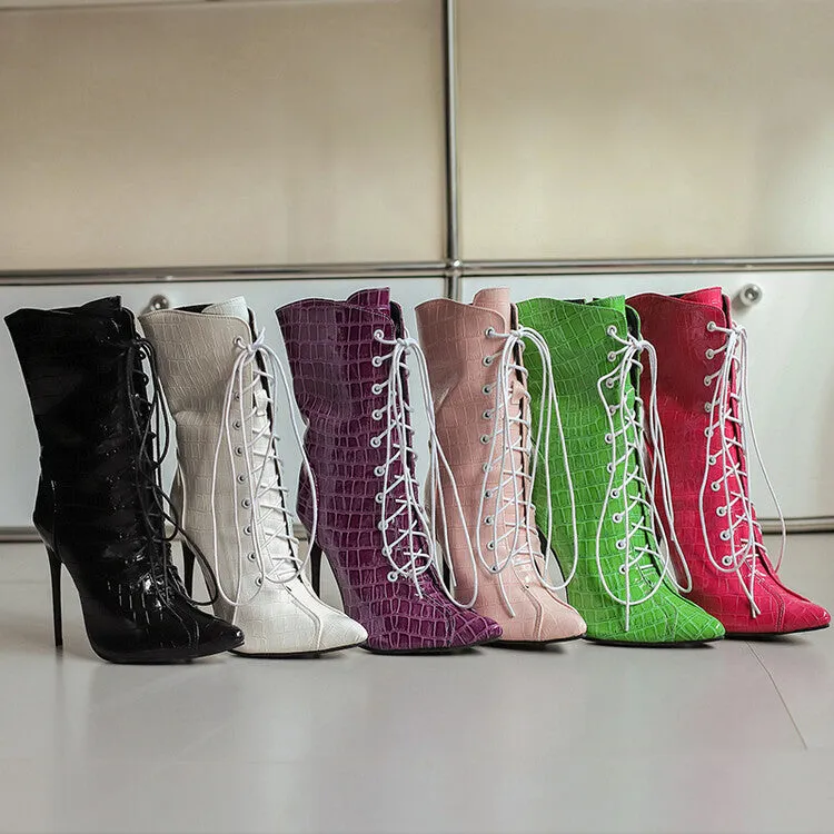 Women's Glossy Lace-Up Pointed Toe Thin Heel Short Boots