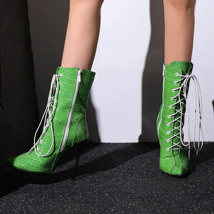 Women's Glossy Lace-Up Pointed Toe Thin Heel Short Boots