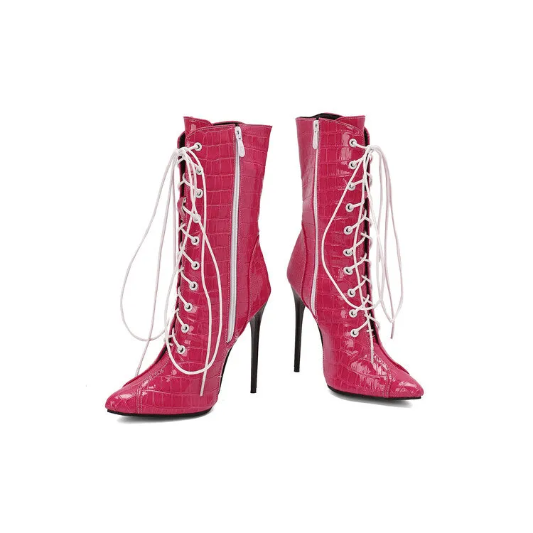 Women's Glossy Lace-Up Pointed Toe Thin Heel Short Boots