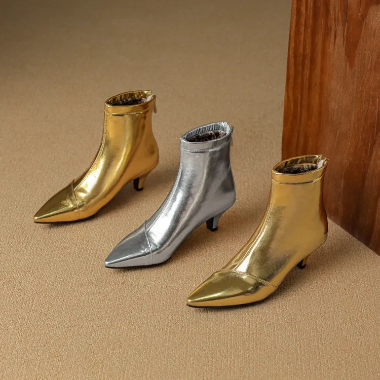 Women's Glossy Pointed Toe Kitten Heel Ankle Boots