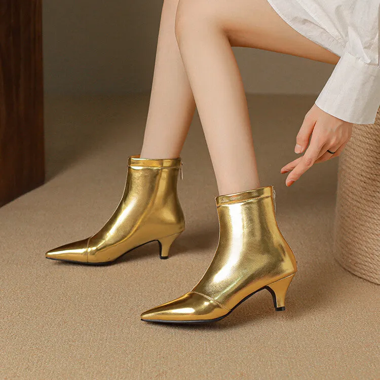 Women's Glossy Pointed Toe Kitten Heel Ankle Boots