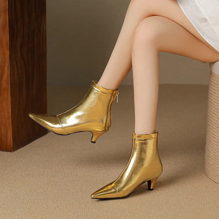 Women's Glossy Pointed Toe Kitten Heel Ankle Boots