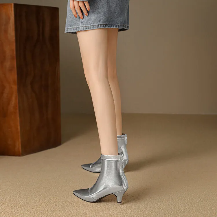 Women's Glossy Pointed Toe Kitten Heel Ankle Boots