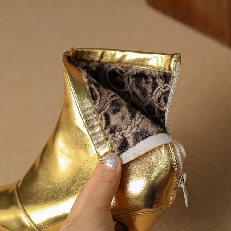 Women's Glossy Pointed Toe Kitten Heel Ankle Boots