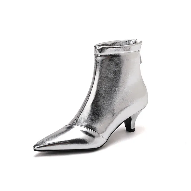 Women's Glossy Pointed Toe Kitten Heel Ankle Boots