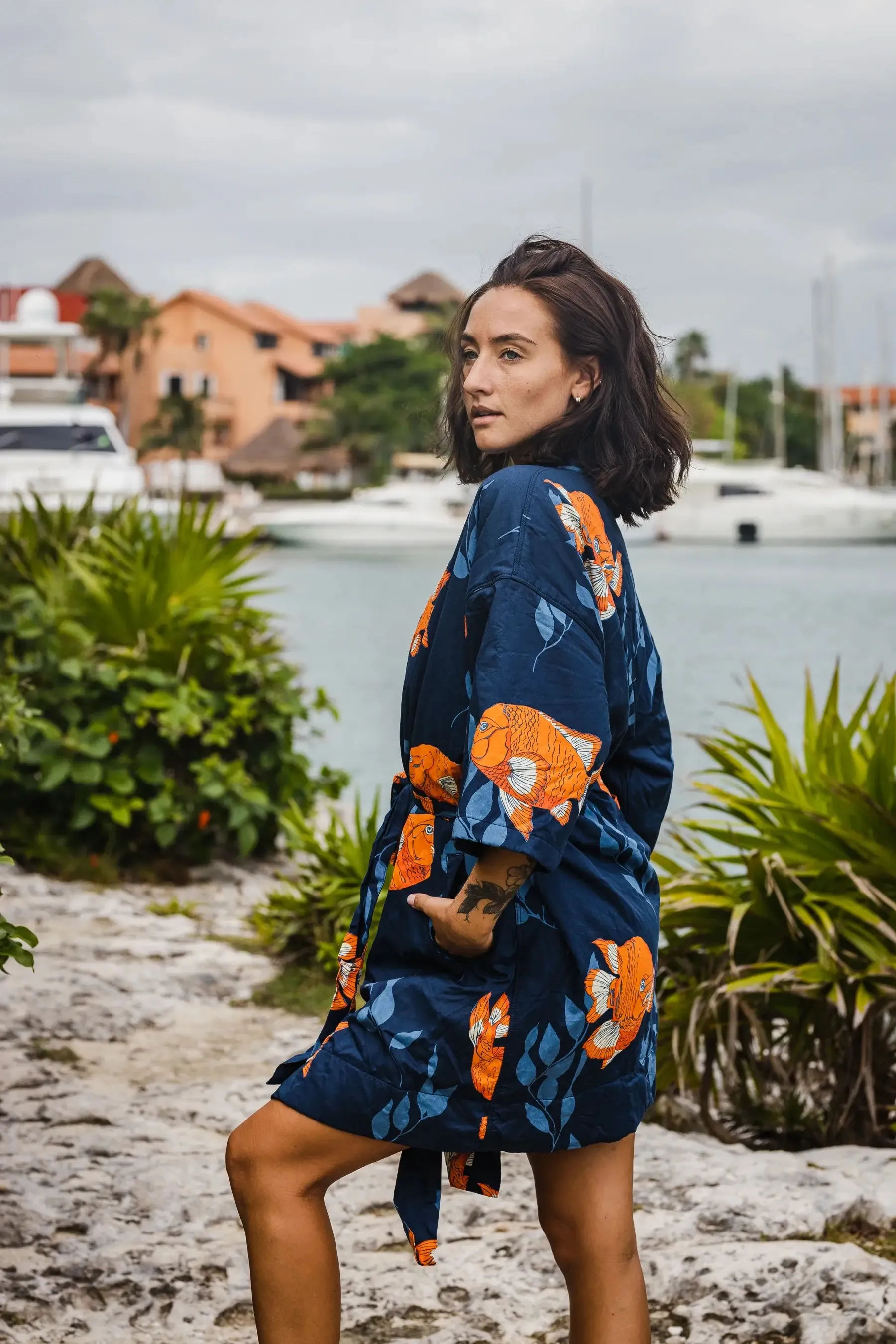 Women’s La Sirena Robe - Garibaldi Fish, Farallon Navy