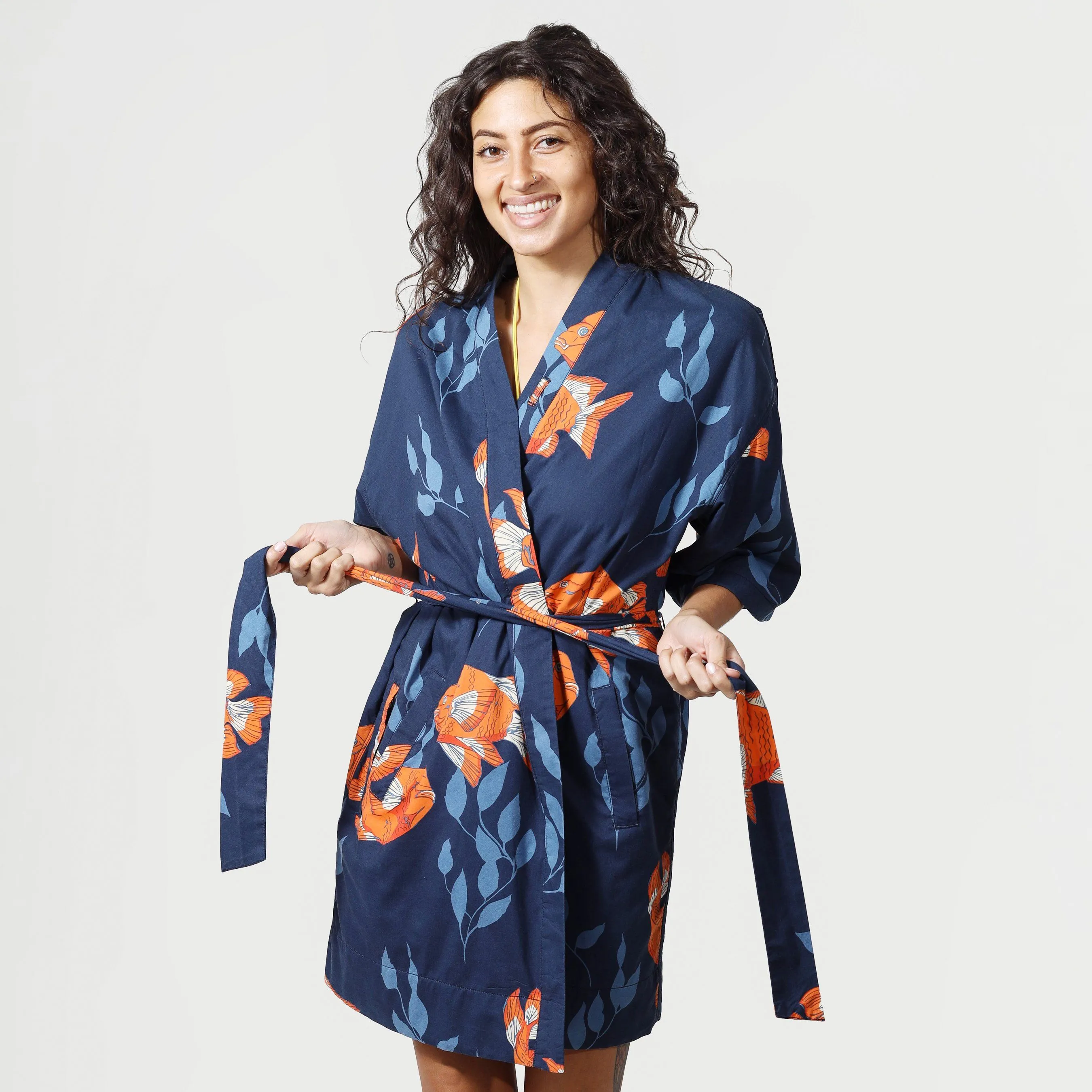 Women’s La Sirena Robe - Garibaldi Fish, Farallon Navy