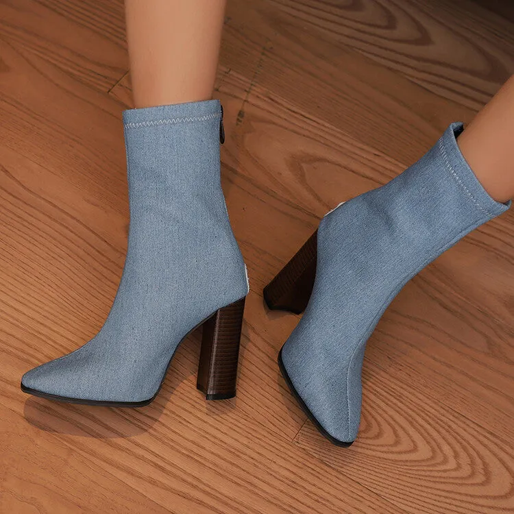 Women's Leopord Pattern Pointed Toe Square Heel Short Boots