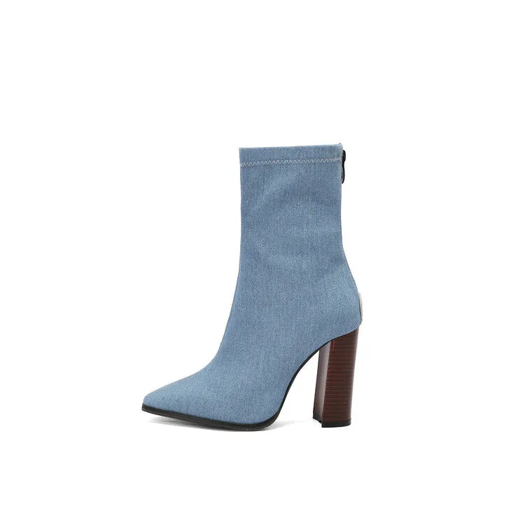 Women's Leopord Pattern Pointed Toe Square Heel Short Boots