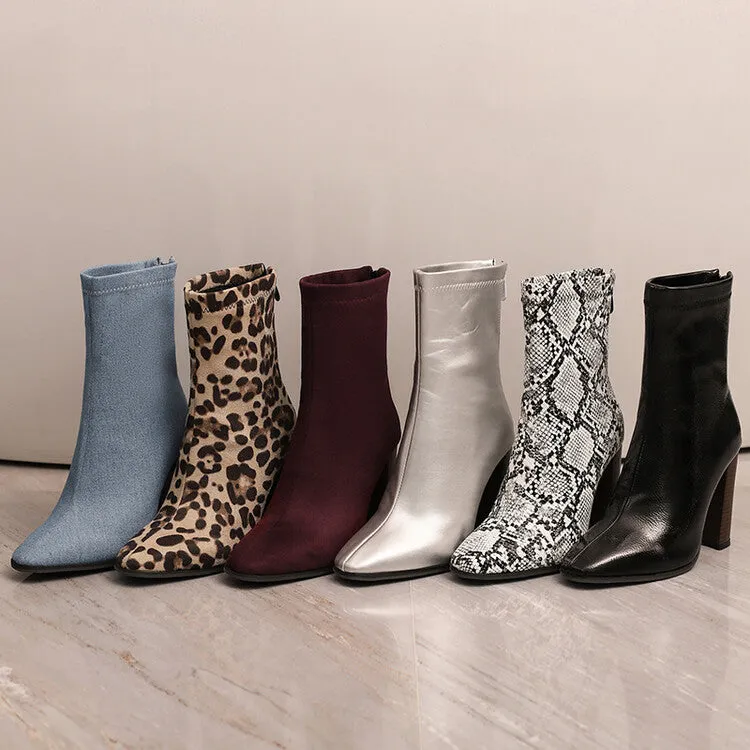 Women's Leopord Pattern Pointed Toe Square Heel Short Boots