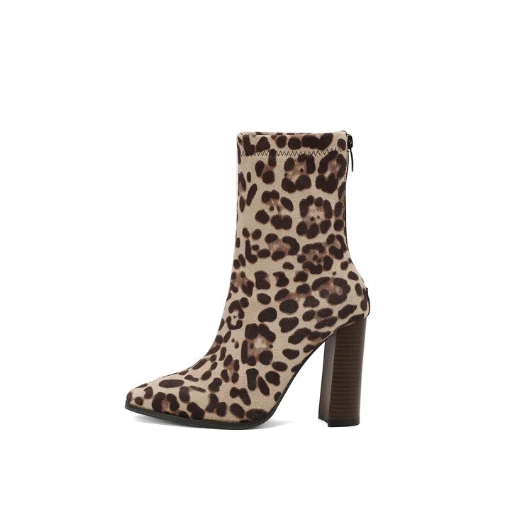 Women's Leopord Pattern Pointed Toe Square Heel Short Boots