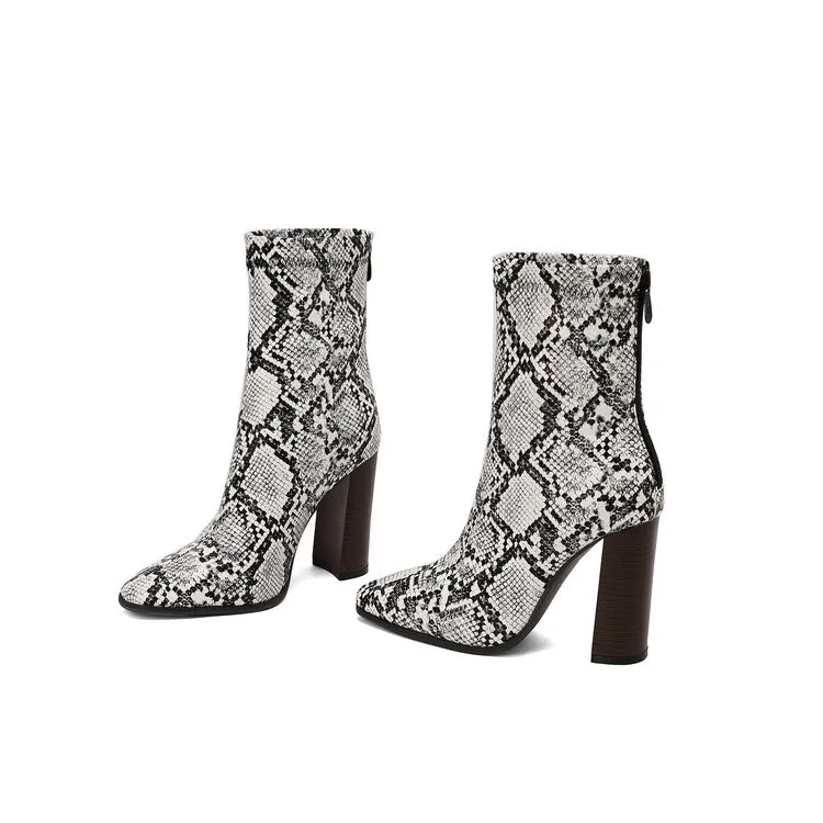 Women's Leopord Pattern Pointed Toe Square Heel Short Boots