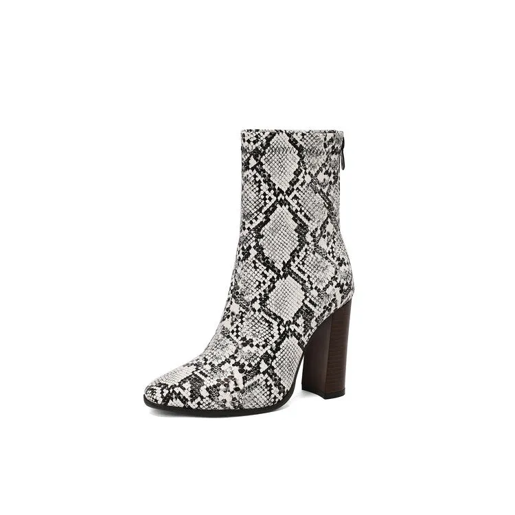 Women's Leopord Pattern Pointed Toe Square Heel Short Boots