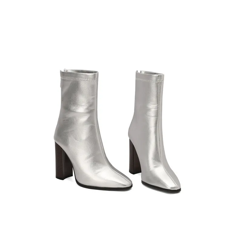 Women's Leopord Pattern Pointed Toe Square Heel Short Boots