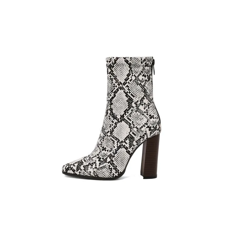 Women's Leopord Pattern Pointed Toe Square Heel Short Boots