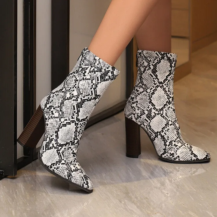 Women's Leopord Pattern Pointed Toe Square Heel Short Boots