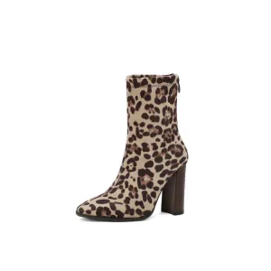 Women's Leopord Pattern Pointed Toe Square Heel Short Boots