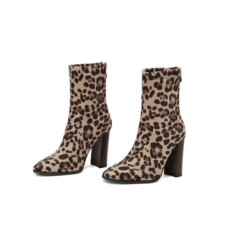 Women's Leopord Pattern Pointed Toe Square Heel Short Boots