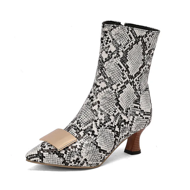 Women's Metal Decor Pointed Toe Hoof Heel Ankle Boots