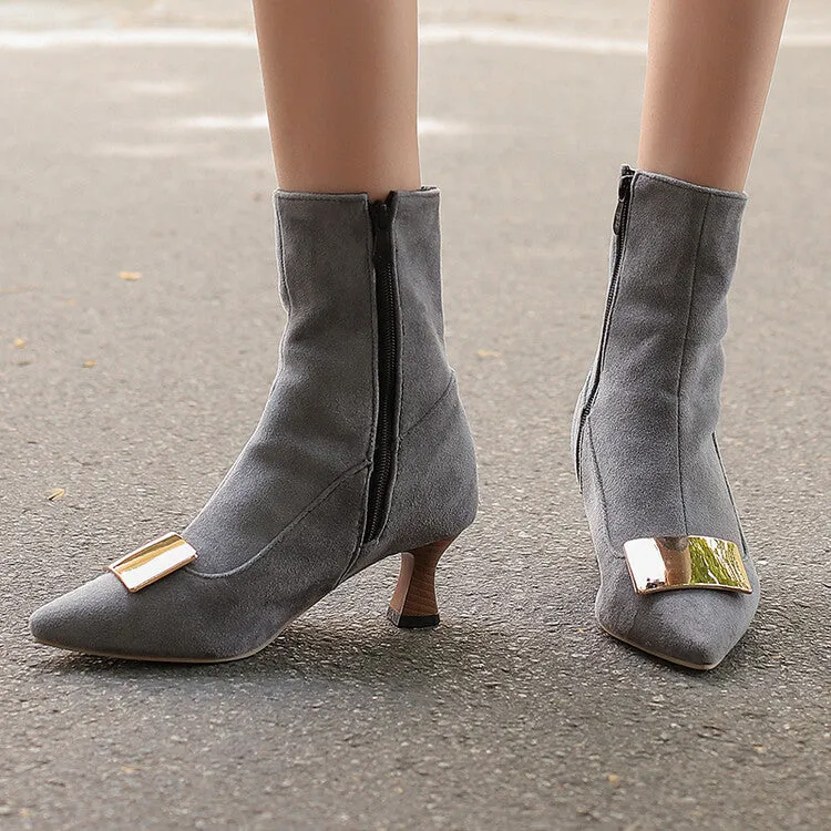 Women's Metal Decor Pointed Toe Hoof Heel Ankle Boots