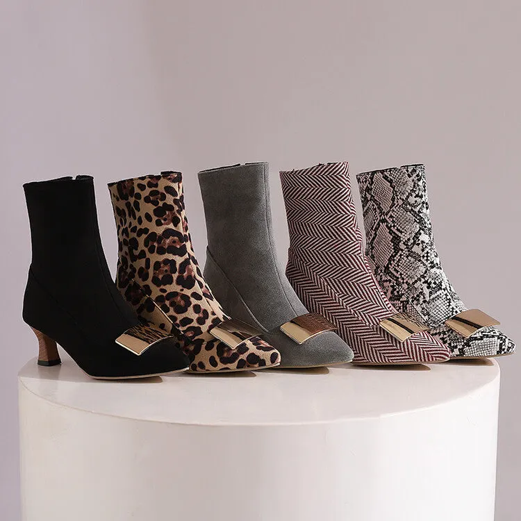 Women's Metal Decor Pointed Toe Hoof Heel Ankle Boots